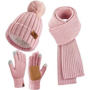 Chic Women's 3-in-1 Winter Set: Beanie, Scarf & Touchscreen Gloves in Pink